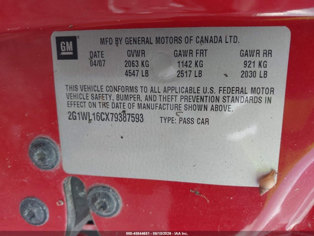 45844651 :رقم المزاد ، 2G1WL16CX79387593 vin ، 2007 Chevrolet Monte Carlo Ss مزاد بيع