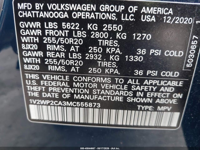 Aukcja sprzedaży 2021 Volkswagen Atlas 2.0t Se W/technology, vin: 1V2WP2CA3MC555873, numer aukcji: 45844667