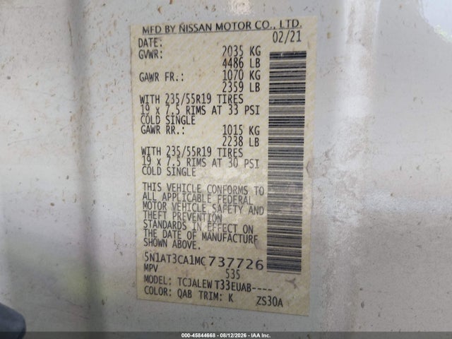 Продаж на аукціоні авто 2021 Nissan Rogue Sl Fwd, vin: 5N1AT3CA1MC737726, номер лоту: 45844668