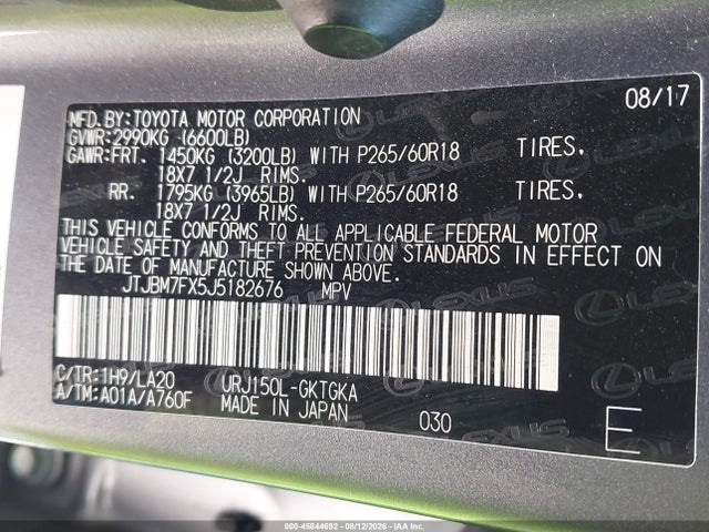 45844692 :رقم المزاد ، JTJBM7FX5J5182676 vin ، 2018 Lexus Gx 460 مزاد بيع