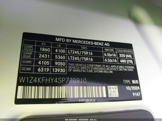 45844694 :رقم المزاد ، W1Z4KFHY4SP770910 vin ، 2025 Mercedes-benz Sprinter 2500 Standard Roof 4-cyl Diesel مزاد بيع