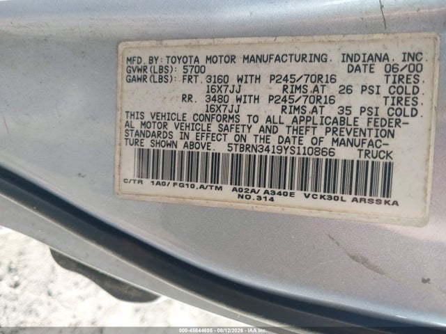 2000 Toyota Tundra Sr5 მანქანა იყიდება აუქციონზე, vin: 5TBRN3419YS110866, აუქციონის ნომერი: 45844695