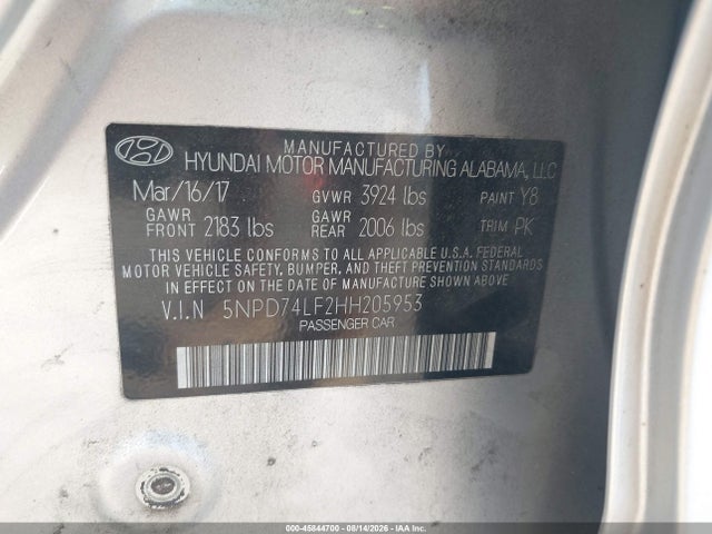 Aukcja sprzedaży 2017 Hyundai Elantra Se, vin: 5NPD74LF2HH205953, numer aukcji: 45844700