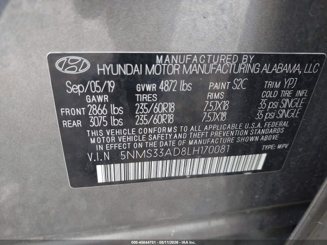 Продажа на аукционе авто 2020 Hyundai Santa Fe Sel, vin: 5NMS33AD8LH170081, номер лота: 45844701
