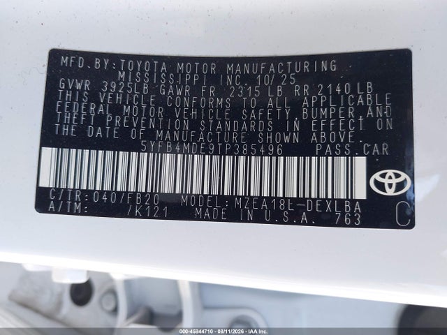 45844710 :رقم المزاد ، 5YFB4MDE9TP385496 vin ، 2026 Toyota Corolla Le مزاد بيع