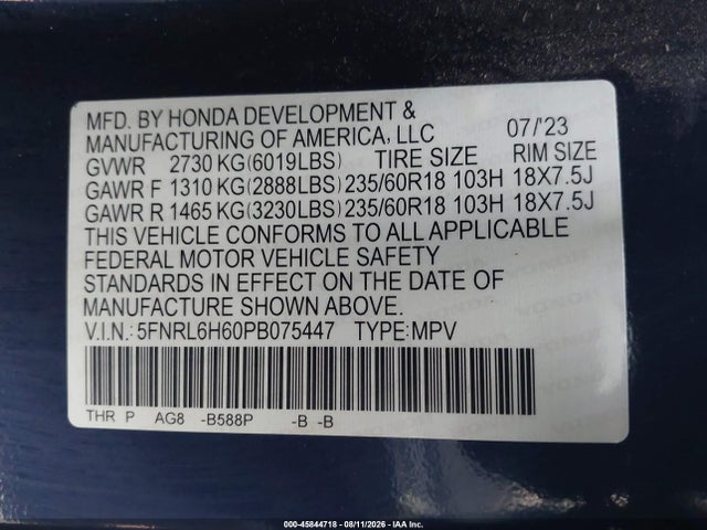 5FNRL6H60PB075447 Honda Odyssey Ex-l