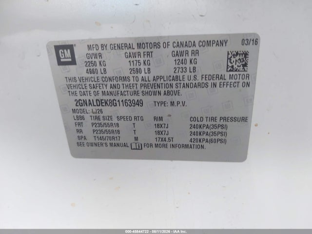 45844722 :رقم المزاد ، 2GNALDEK8G1163949 vin ، 2016 Chevrolet Equinox Ltz مزاد بيع