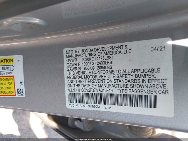 Продаж на аукціоні авто 2021 Honda Accord Sport 2.0t, vin: 1HGCV2F37MA016919, номер лоту: 45844726