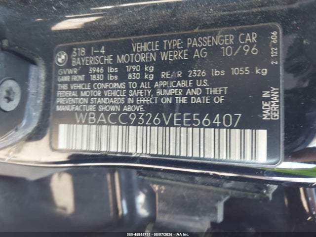 45844731 :رقم المزاد ، WBACC9326VEE56407 vin ، 1997 Bmw 318i مزاد بيع