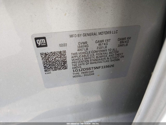 Aukcja sprzedaży 2022 Chevrolet Malibu Fwd Lt, vin: 1G1ZD5ST5NF115626, numer aukcji: 45844732