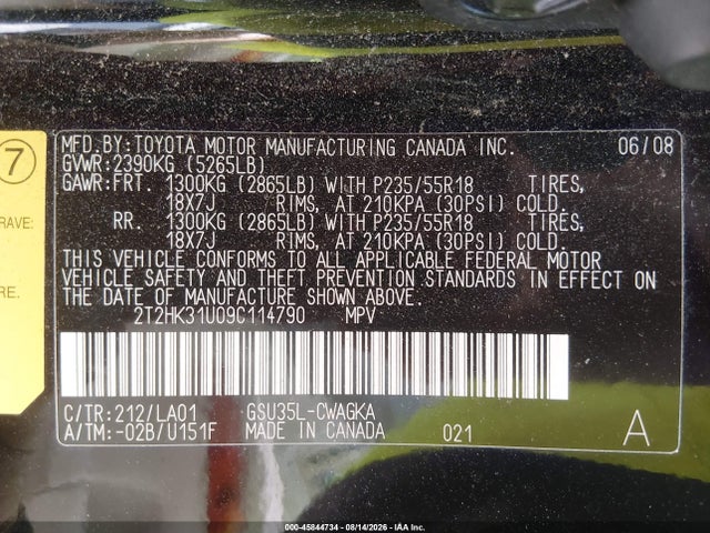 45844734 :رقم المزاد ، 2T2HK31U09C114790 vin ، 2009 Lexus Rx 350 مزاد بيع