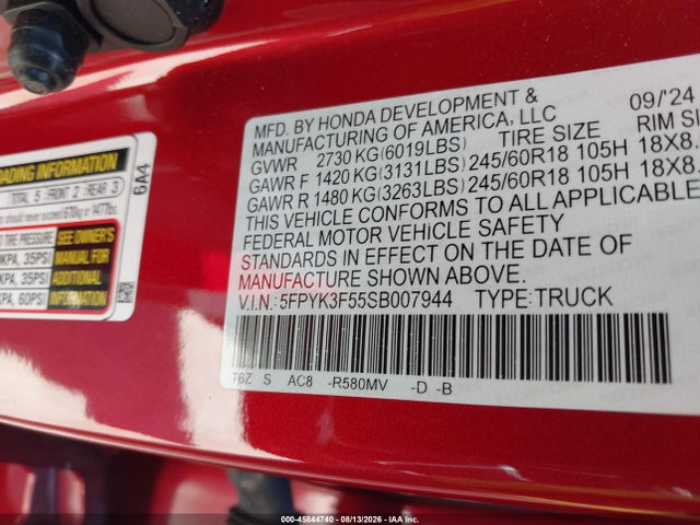 45844740 :رقم المزاد ، 5FPYK3F55SB007944 vin ، 2025 Honda Ridgeline Rtl مزاد بيع