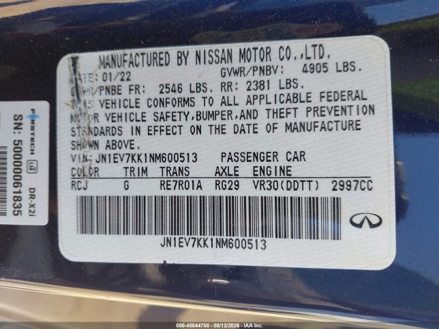 Продажа на аукционе авто 2022 Infiniti Q60 Luxe, vin: JN1EV7KK1NM600513, номер лота: 45844750