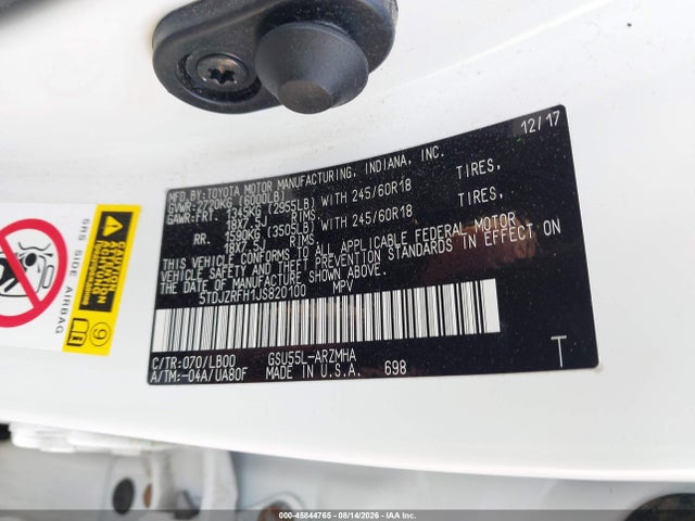 5TDJZRFH1JS820100 Toyota Highlander Xle