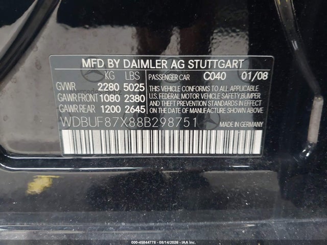 45844778 :رقم المزاد ، WDBUF87X88B298751 vin ، 2008 Mercedes-benz E 350 4matic مزاد بيع