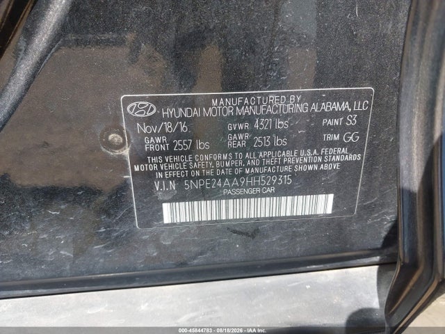 2017 Hyundai Sonata Eco მანქანა იყიდება აუქციონზე, vin: 5NPE24AA9HH529315, აუქციონის ნომერი: 45844783