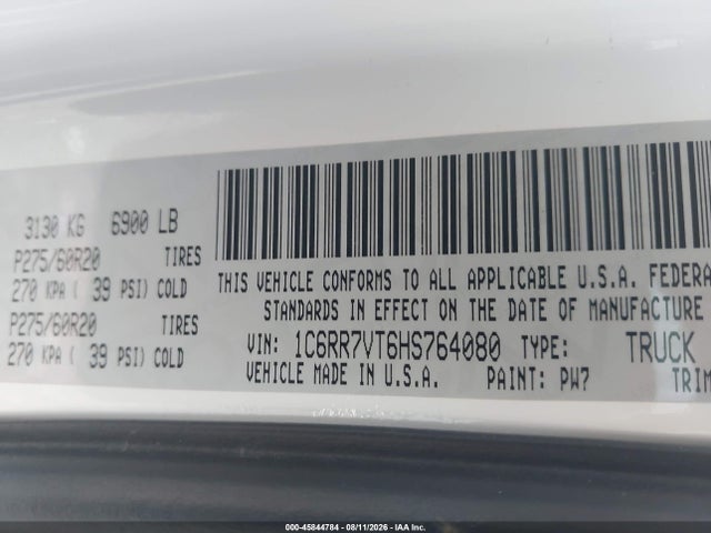 45844784 :رقم المزاد ، 1C6RR7VT6HS764080 vin ، 2017 Ram 1500 Laramie  4x4 6'4 Box مزاد بيع