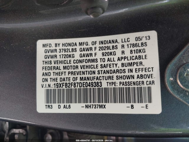 Продаж на аукціоні авто 2013 Honda Civic Ex, vin: 19XFB2F87DE049383, номер лоту: 45844791