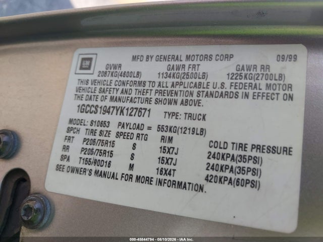 45844794 :رقم المزاد ، 1GCCS1947YK127671 vin ، 2000 Chevrolet S-10 Ls مزاد بيع