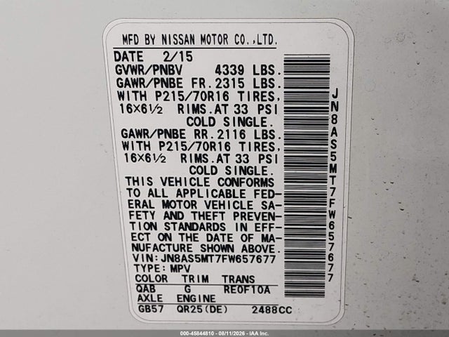 Продажа на аукционе авто 2015 Nissan Rogue Select S, vin: JN8AS5MT7FW657677, номер лота: 45844810