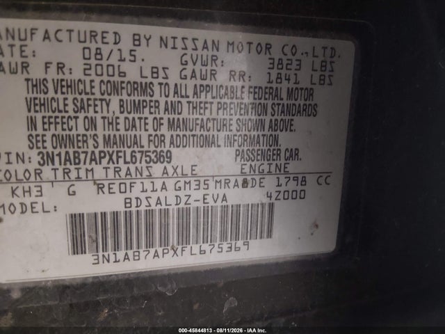 2015 Nissan Sentra Sv მანქანა იყიდება აუქციონზე, vin: 3N1AB7APXFL675369, აუქციონის ნომერი: 45844813