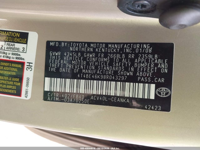 45844816 :رقم المزاد ، 4T4BE46K98R043297 vin ، 2008 Toyota Camry Le مزاد بيع