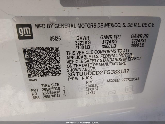 45844846 :رقم المزاد ، 3GTUUDED2TG383187 vin ، 2026 Gmc Sierra 1500 , Short Bed, Slt, 4wd مزاد بيع
