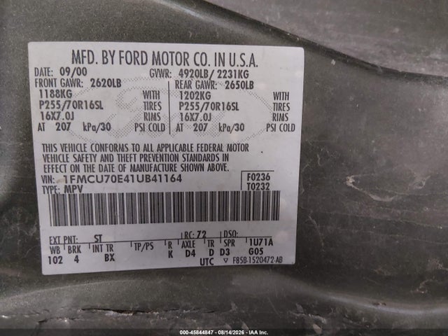 45844847 :رقم المزاد ، 1FMCU70E41UB41164 vin ، 2001 Ford Explorer Sport مزاد بيع