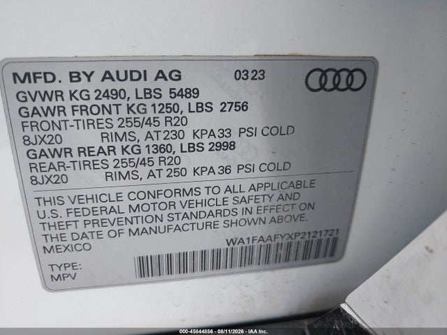 Aukcja sprzedaży 2023 Audi Q5 Prestige 45 Tfsi S Line Quattro S Tronic, vin: WA1FAAFYXP2121721, numer aukcji: 45844856