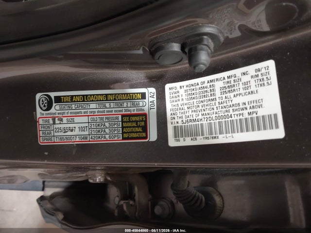 2013 Honda Cr-v Ex-l მანქანა იყიდება აუქციონზე, vin: 5J6RM4H72DL000004, აუქციონის ნომერი: 45844860