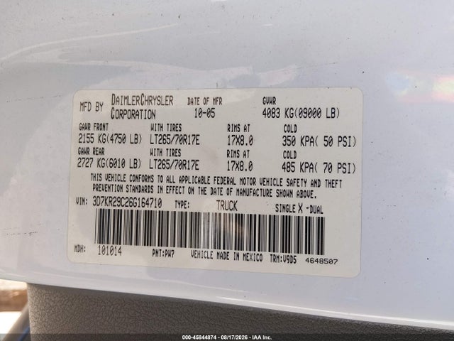 Продаж на аукціоні авто 2006 Dodge Ram 2500 Slt, vin: 3D7KR29C26G164710, номер лоту: 45844874