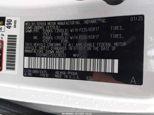 Продаж на аукціоні авто 2025 Toyota Sienna Xle 8 Passenger, vin: 5TDYRKEC7SS238533, номер лоту: 45844893