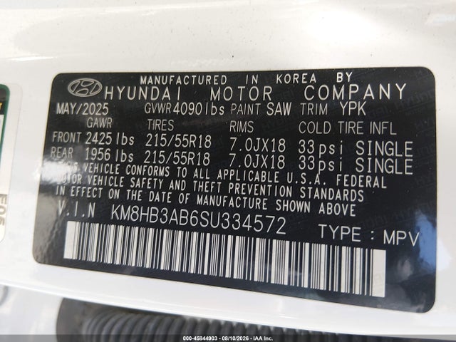 Продаж на аукціоні авто 2025 Hyundai Kona Sel, vin: KM8HB3AB6SU334572, номер лоту: 45844903