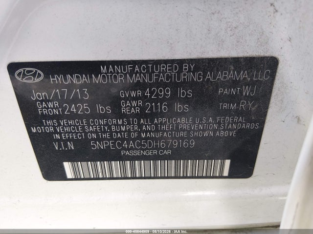 45844909 :رقم المزاد ، 5NPEC4AC5DH679169 vin ، 2013 Hyundai Sonata Se مزاد بيع