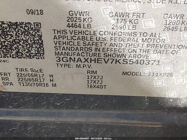 Продажа на аукционе авто 2019 Chevrolet Equinox Ls, vin: 3GNAXHEV7KS540371, номер лота: 45844927