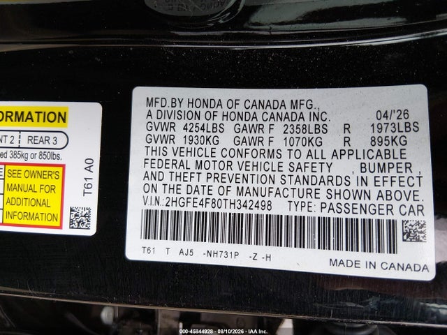 2HGFE4F80TH342498 Honda Civic Hybrid Sport/sport Touring