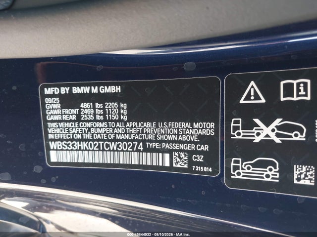 Aukcja sprzedaży 2026 Bmw M4 Competition Xdrive, vin: WBS33HK02TCW30274, numer aukcji: 45844932