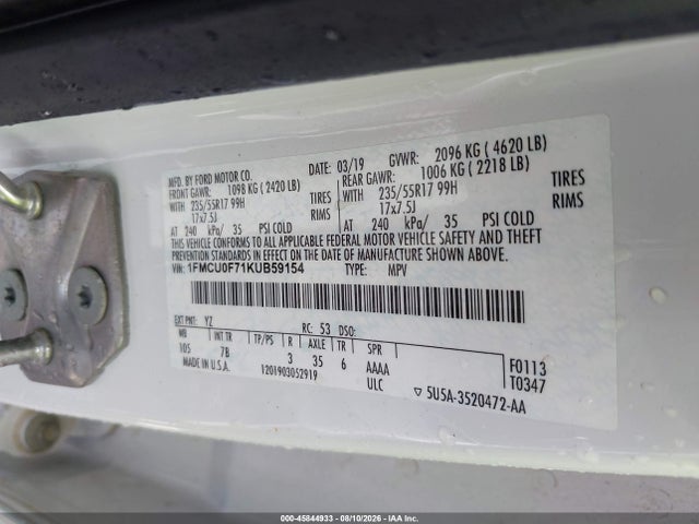 Продаж на аукціоні авто 2019 Ford Escape S, vin: 1FMCU0F71KUB59154, номер лоту: 45844933