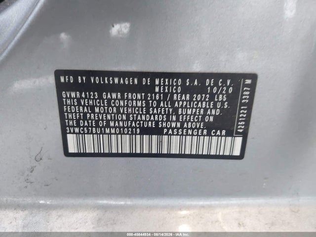Aukcja sprzedaży 2021 Volkswagen Jetta 1.4t R-line/1.4t Se/s, vin: 3VWC57BU1MM010219, numer aukcji: 45844934