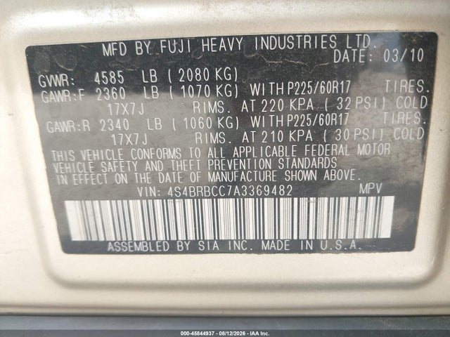 Auction sale of the 2010 Subaru Outback 2.5i Premium, vin: 4S4BRBCC7A3369482, lot number: 45844937