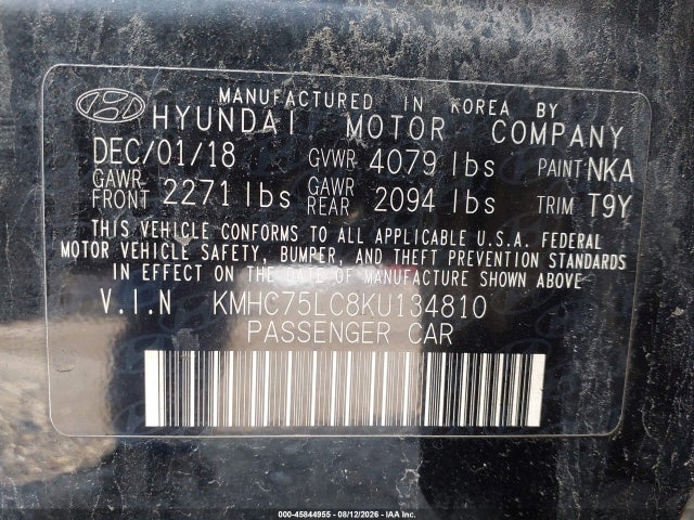 2019 Hyundai Ioniq Hybrid Sel მანქანა იყიდება აუქციონზე, vin: KMHC75LC8KU134810, აუქციონის ნომერი: 45844955