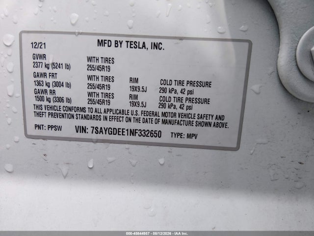 Продаж на аукціоні авто 2022 Tesla Model Y Long Range Dual Motor All-wheel Drive, vin: 7SAYGDEE1NF332650, номер лоту: 45844957