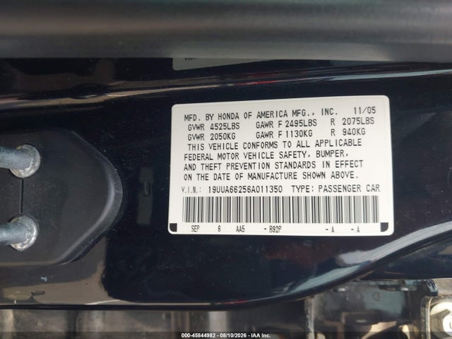 Aukcja sprzedaży 2006 Acura Tl, vin: 19UUA66256A011350, numer aukcji: 45844982