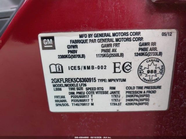 45844988 :رقم المزاد ، 2GKFLREK5C6360915 vin ، 2012 Gmc Terrain Sle-1 مزاد بيع