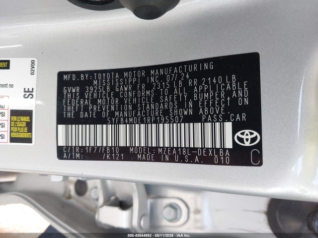 Продаж на аукціоні авто 2024 Toyota Corolla Le, vin: 5YFB4MDE1RP195507, номер лоту: 45844992