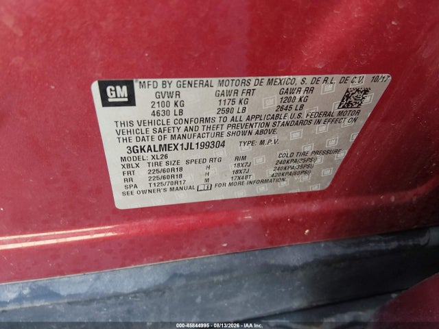 45844995 :رقم المزاد ، 3GKALMEX1JL199304 vin ، 2018 Gmc Terrain Sle مزاد بيع