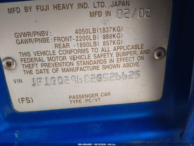 45844997 :رقم المزاد ، JF1GD29682G526625 vin ، 2002 Subaru Impreza Wrx مزاد بيع