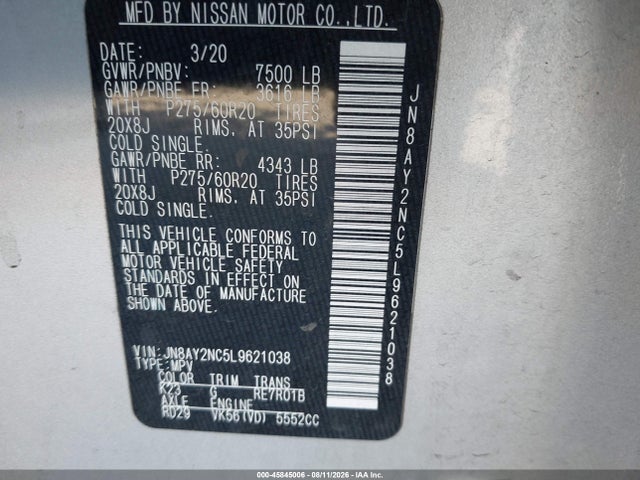 2020 Nissan Armada Sl 4wd მანქანა იყიდება აუქციონზე, vin: JN8AY2NC5L9621038, აუქციონის ნომერი: 45845006