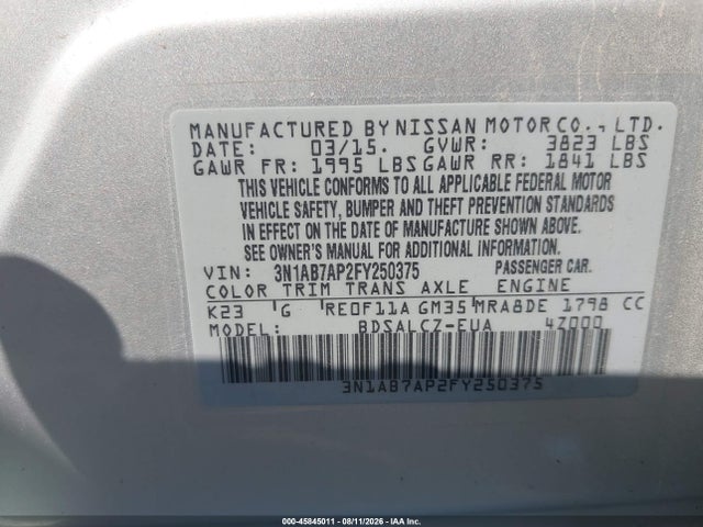 Продаж на аукціоні авто 2015 Nissan Sentra S, vin: 3N1AB7AP2FY250375, номер лоту: 45845011