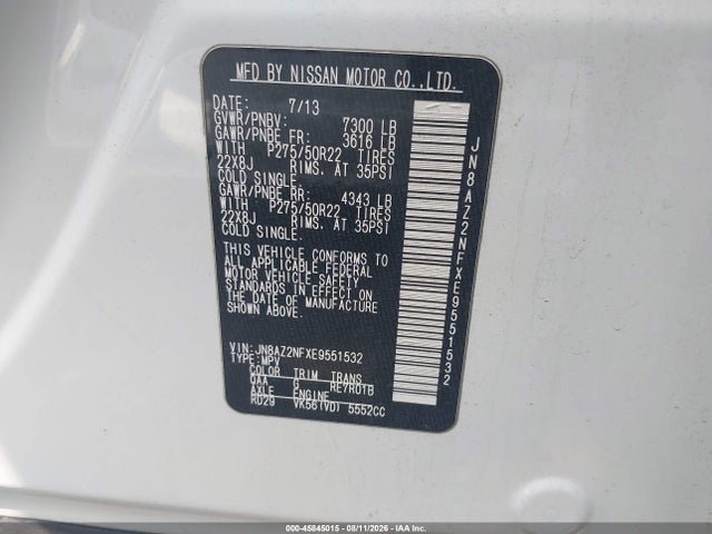 Aukcja sprzedaży 2014 Infiniti Qx80, vin: JN8AZ2NFXE9551532, numer aukcji: 45845015